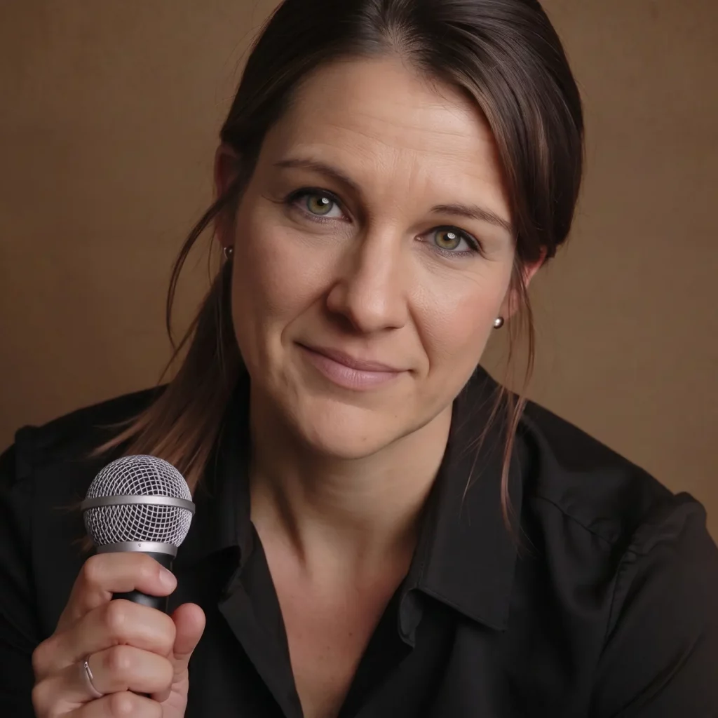 Trauersängerin Lina Scholz aus der Schweiz mit Mikrofon bei emotionalem Portrait
